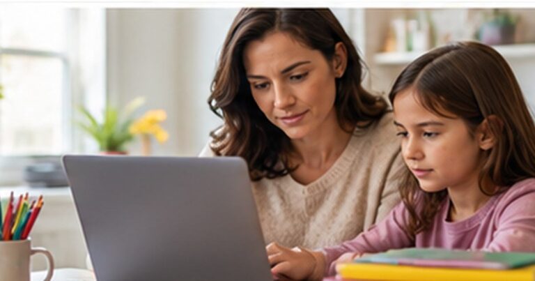 Parent and child reviewing an ABCmouse learning subscription on a laptop