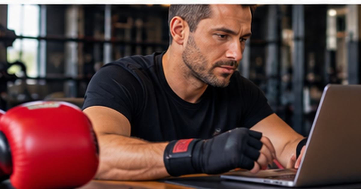 Man at a boxing gym checking fitness membership billing on a laptop