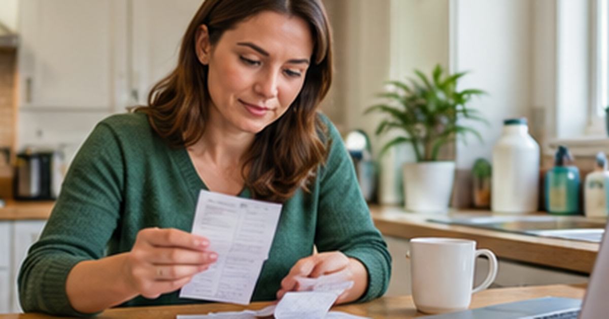 Woman at a kitchen table reviewing receipts and a Melaleuca membership