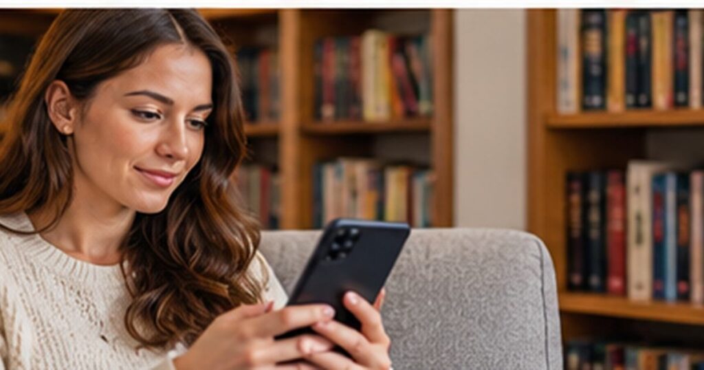 Woman at home near bookshelves checking a Barnes and Noble Premium membership
