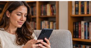 Woman at home near bookshelves checking a Barnes and Noble Premium membership
