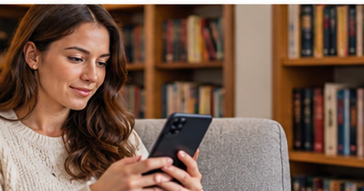 Woman at home near bookshelves checking a Barnes and Noble Premium membership
