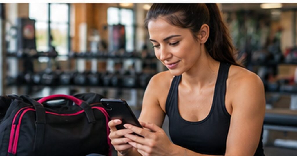 Woman at a gym reviewing her Crunch Fitness membership on a phone