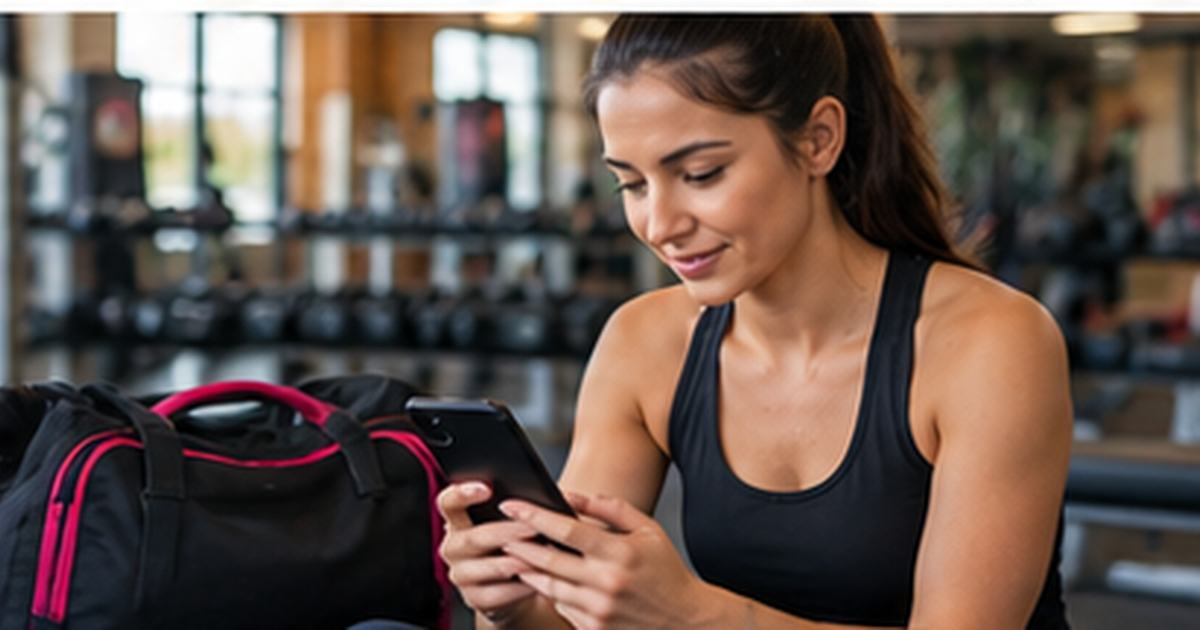 Woman at a gym reviewing her Crunch Fitness membership on a phone