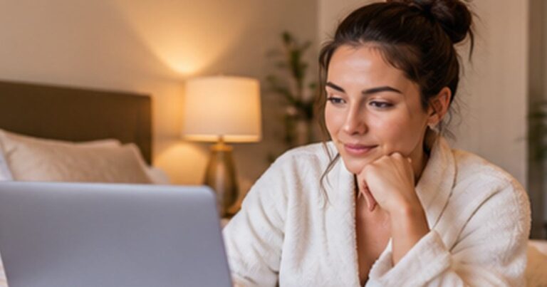 Woman using a laptop at home to review a Massage Envy wellness membership