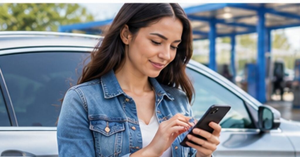 Woman beside a parked car checking her Whistle Express car wash membership